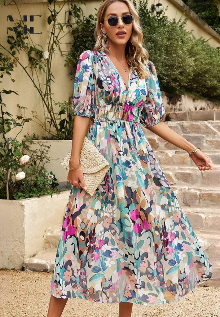 Cambrie | Women's Puff Sleeve V-neck Midi Dress with Prints