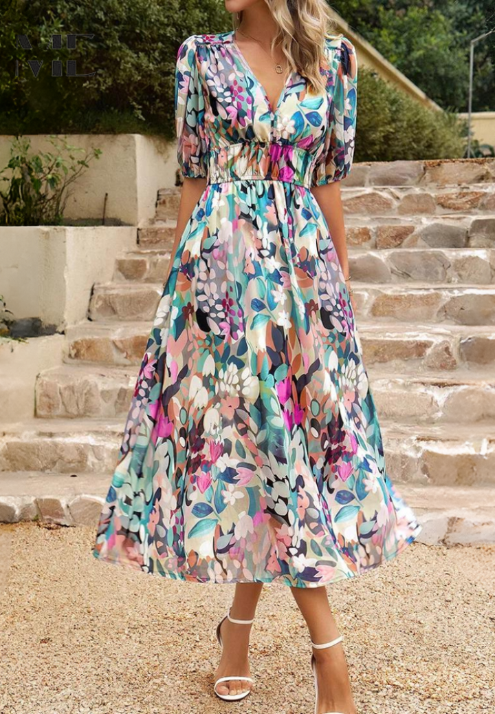 Cambrie | Women's Puff Sleeve V-neck Midi Dress with Prints