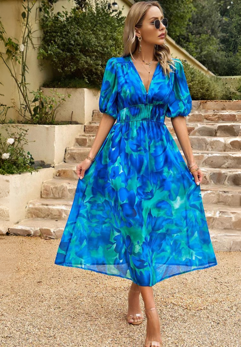 Cambrie | Women's Puff Sleeve V-neck Midi Dress with Prints
