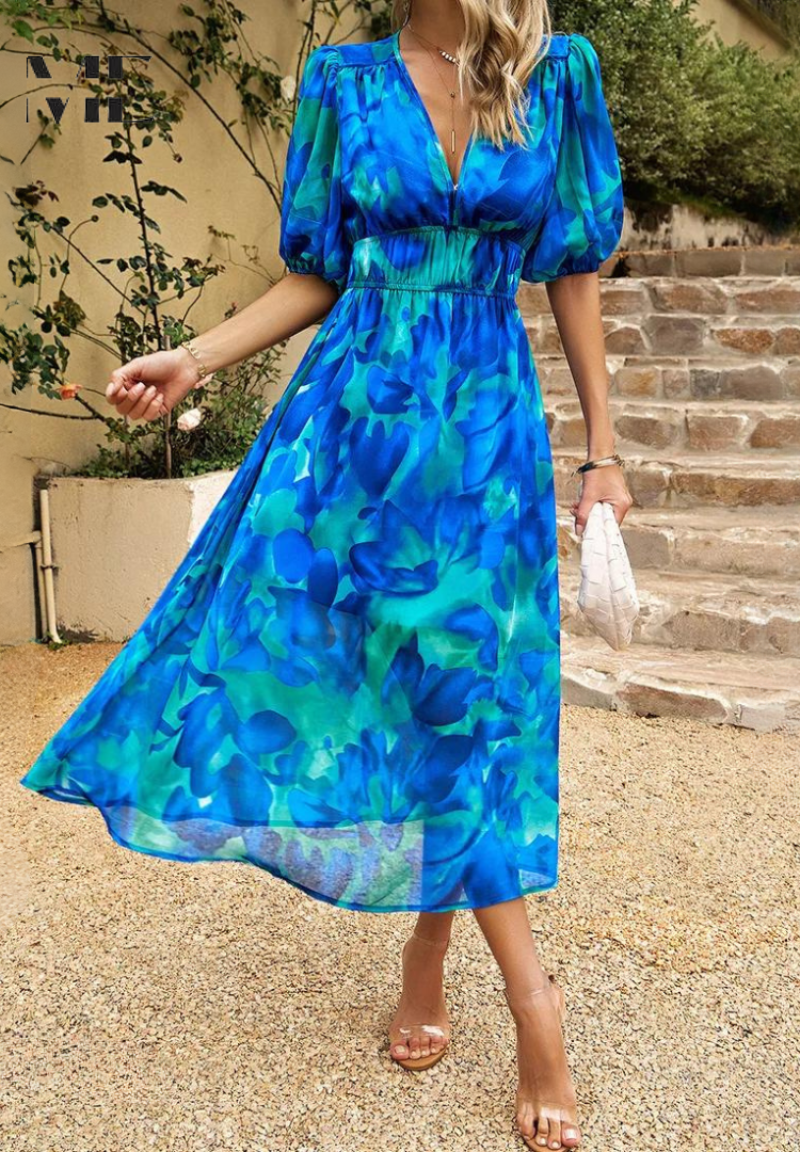 Cambrie | Women's Puff Sleeve V-neck Midi Dress with Prints