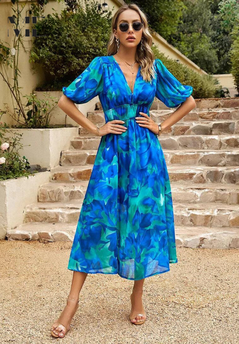 Cambrie | Women's Puff Sleeve V-neck Midi Dress with Prints