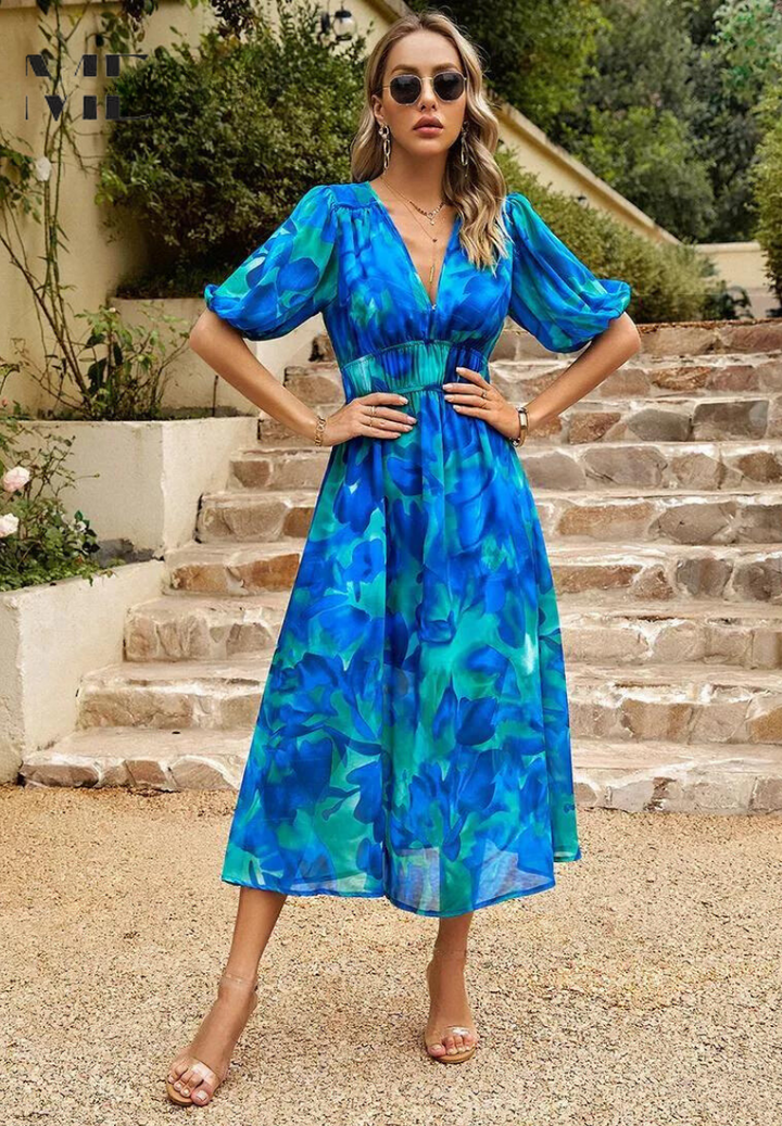 Cambrie | Women's Puff Sleeve V-neck Midi Dress with Prints