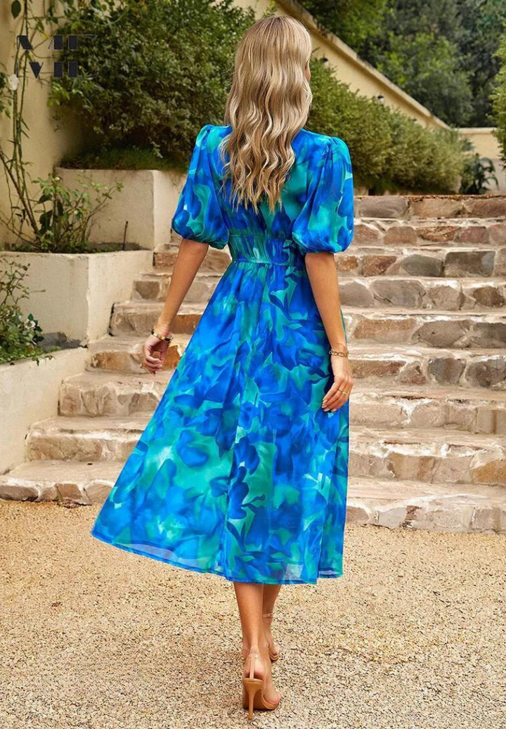 Cambrie | Women's Puff Sleeve V-neck Midi Dress with Prints
