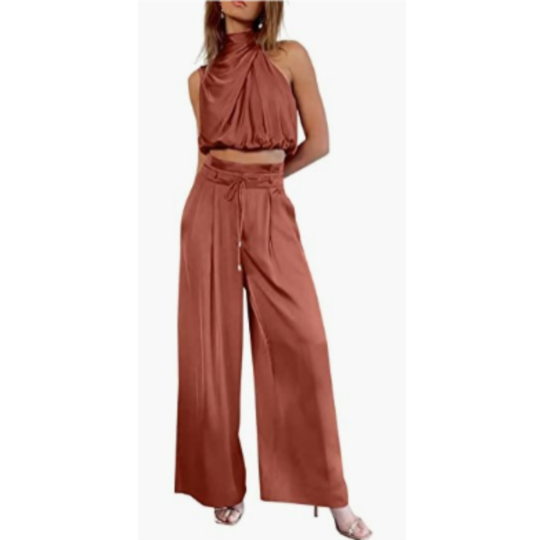 Maldita | Women’s  Silky Two Piece Set with Halter Top and Wide Leg Trouser