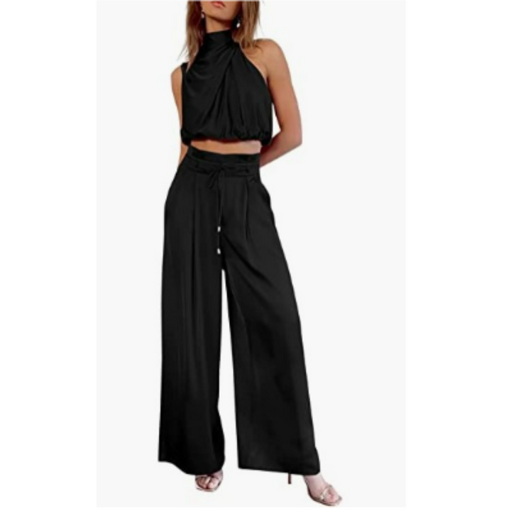 Maldita | Women’s  Silky Two Piece Set with Halter Top and Wide Leg Trouser