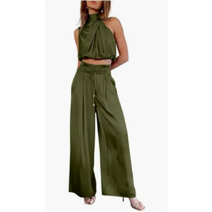 Maldita | Women’s  Silky Two Piece Set with Halter Top and Wide Leg Trouser