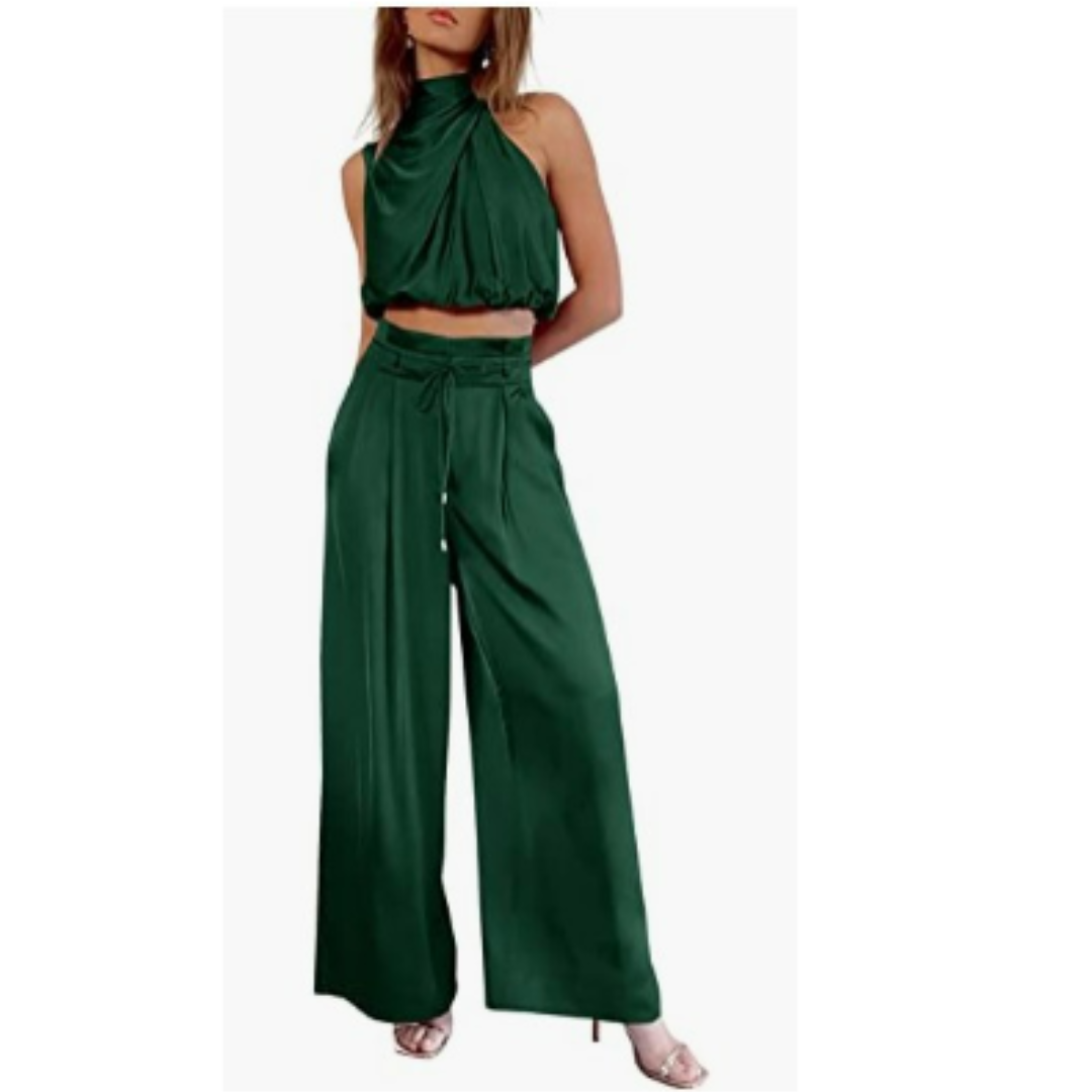 Maldita | Women’s  Silky Two Piece Set with Halter Top and Wide Leg Trouser