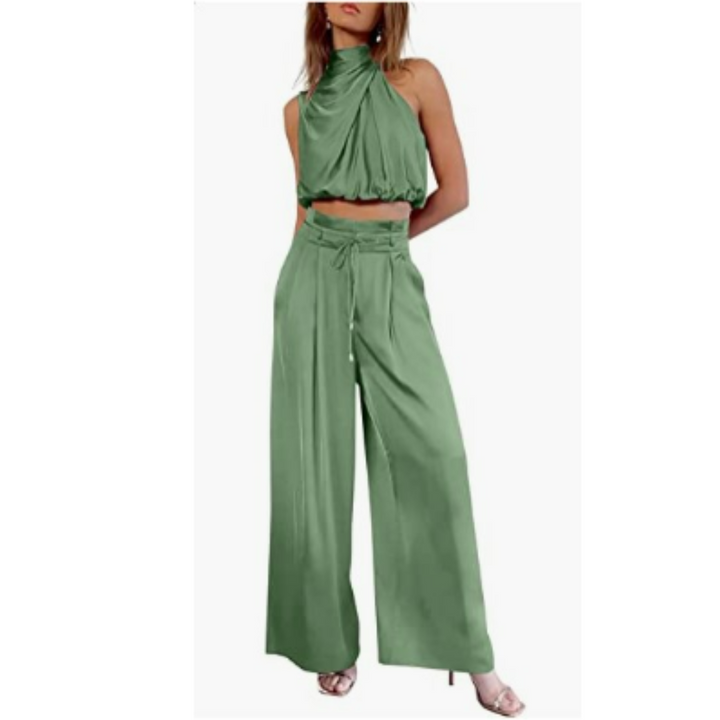 Maldita | Women’s  Silky Two Piece Set with Halter Top and Wide Leg Trouser