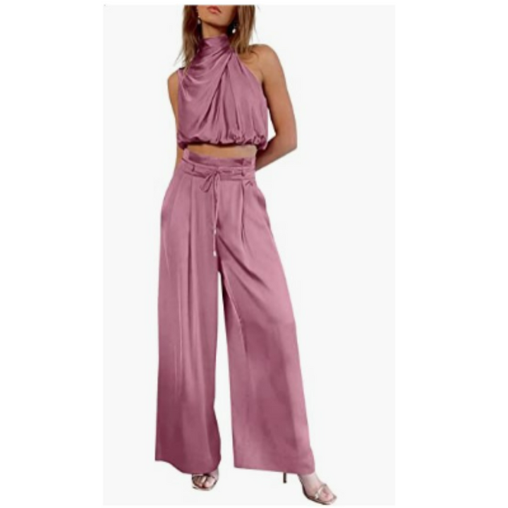 Maldita | Women’s  Silky Two Piece Set with Halter Top and Wide Leg Trouser