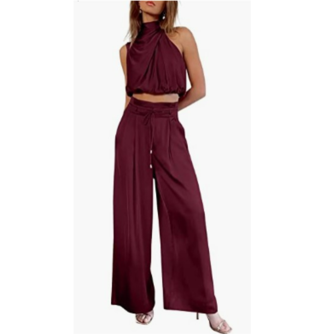 Maldita | Women’s  Silky Two Piece Set with Halter Top and Wide Leg Trouser
