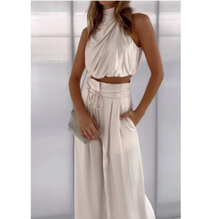 Maldita | Women’s  Silky Two Piece Set with Halter Top and Wide Leg Trouser