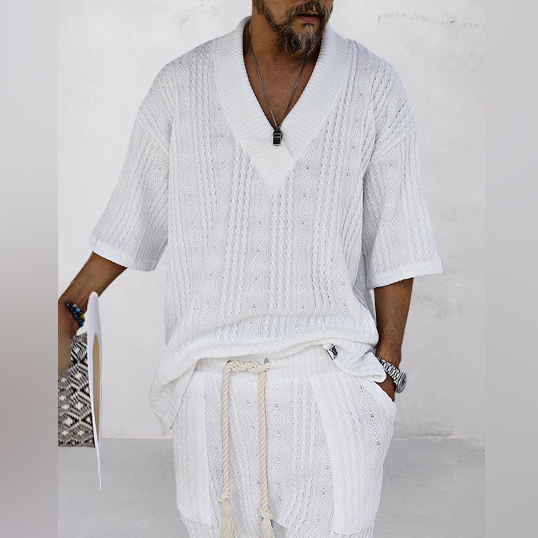 Merrick | Knit V Neck Shirt and Drawstring Shorts Set