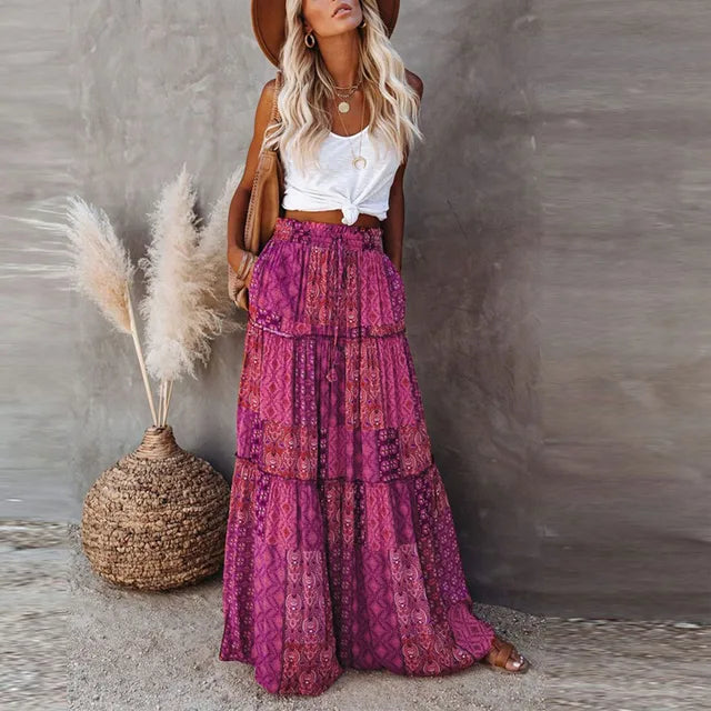 Zaria | Women’s Boho Maxi Skirt with Prints and Layered Style