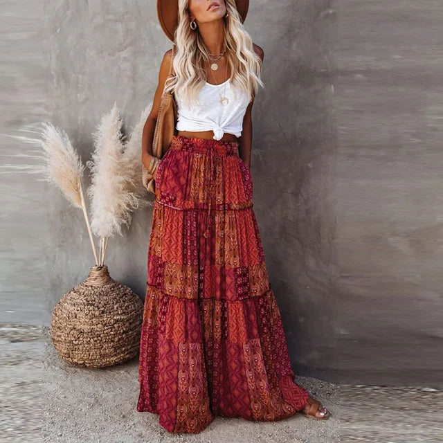 Zaria | Women’s Boho Maxi Skirt with Prints and Layered Style