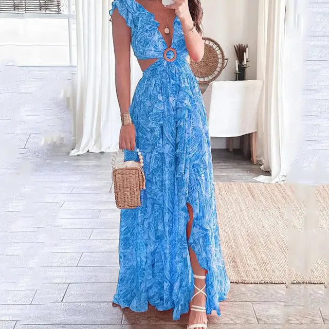 Rosalie | Women’s Floral Cut-Out Maxi Dress with Ruffle Sleeves
