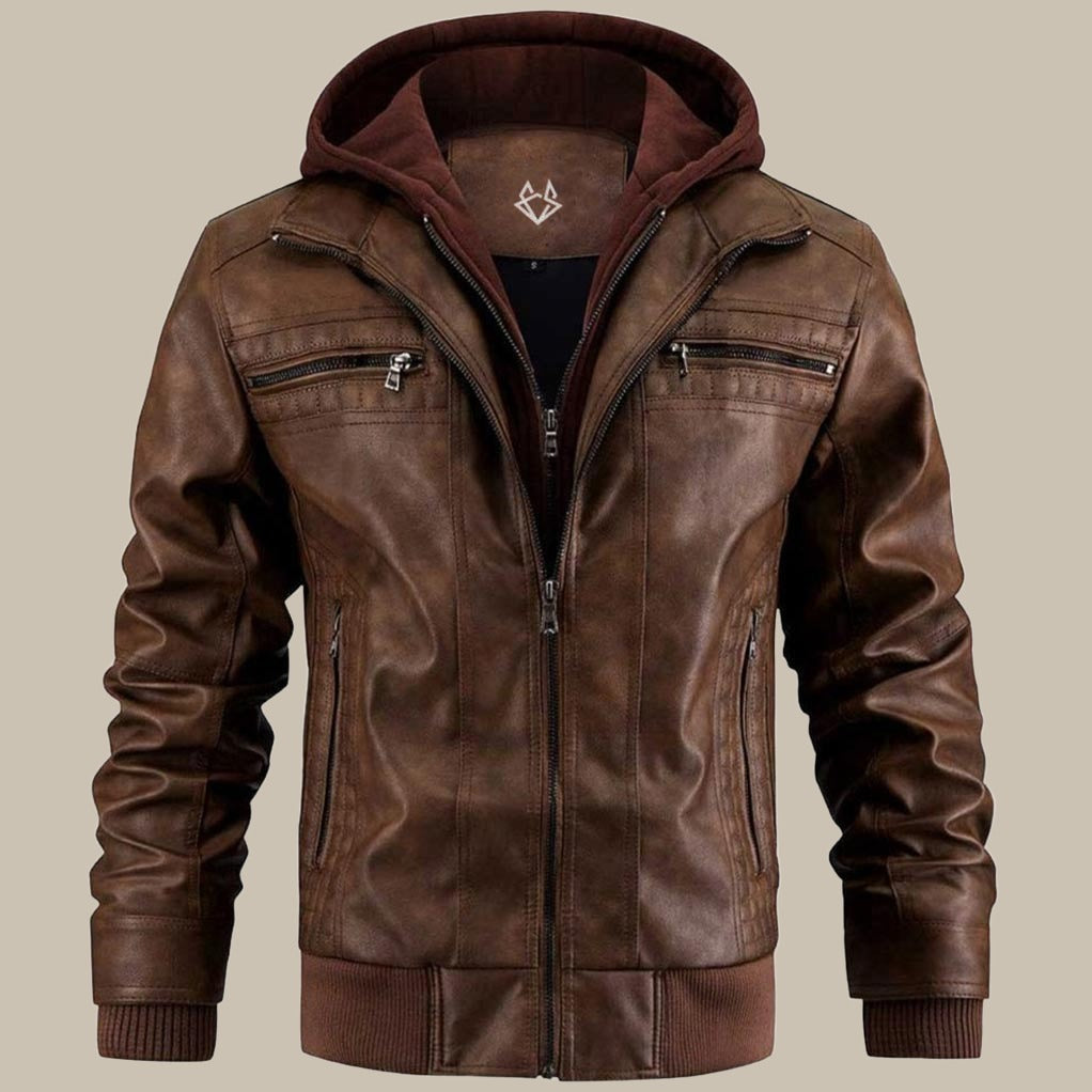 Xavier | Men's Leather Bomber Jacket with Hood with Ribbed Cuff