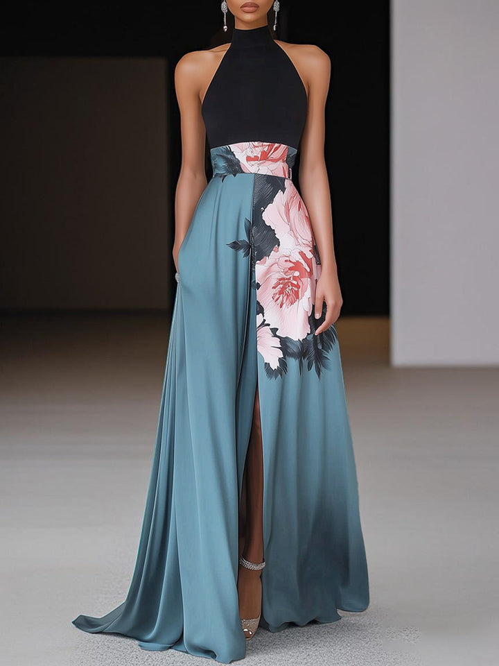 Eliora | Women's Floral Print A Line Maxi Dress with Halter and Front Slit