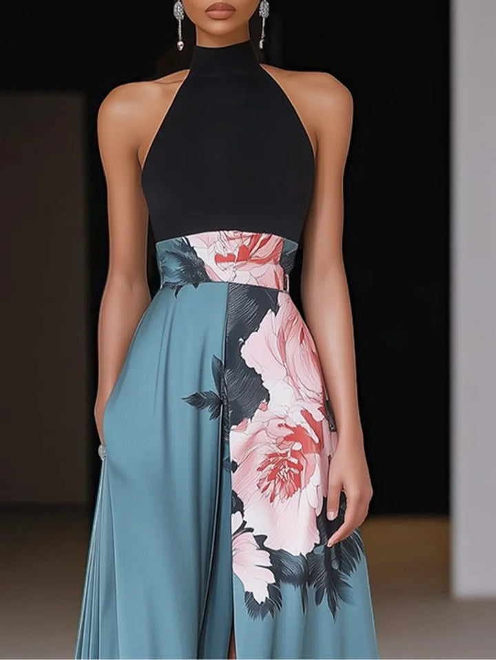 Eliora | Women's Floral Print A Line Maxi Dress with Halter and Front Slit