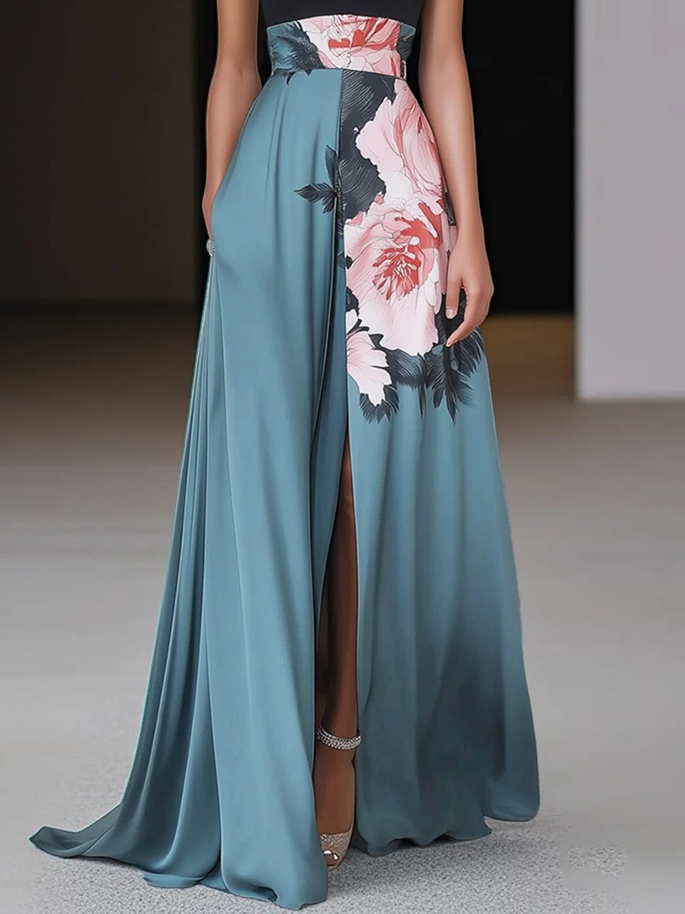 Eliora | Women's Floral Print A Line Maxi Dress with Halter and Front Slit