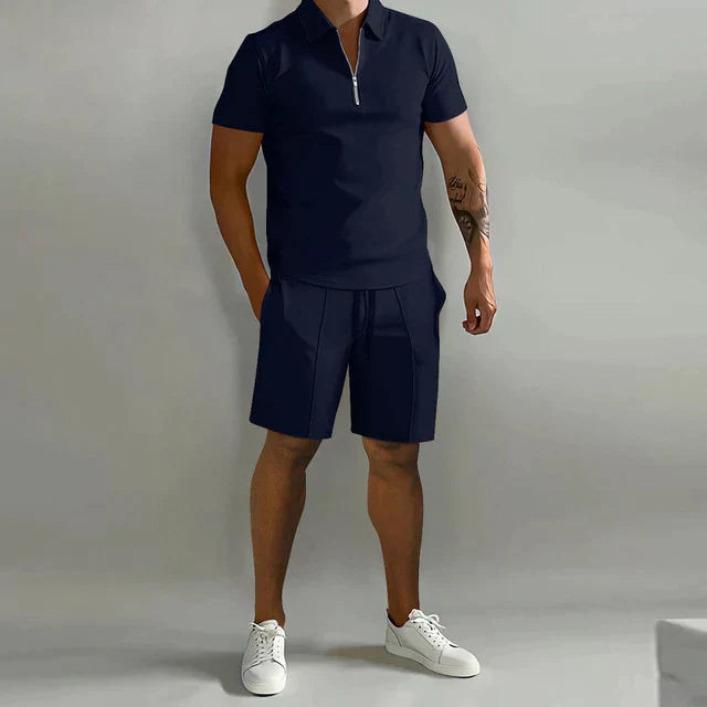 Brayden | Men’s Polo Shirt and Drawstring Shorts Two-Piece Set with Zip-up