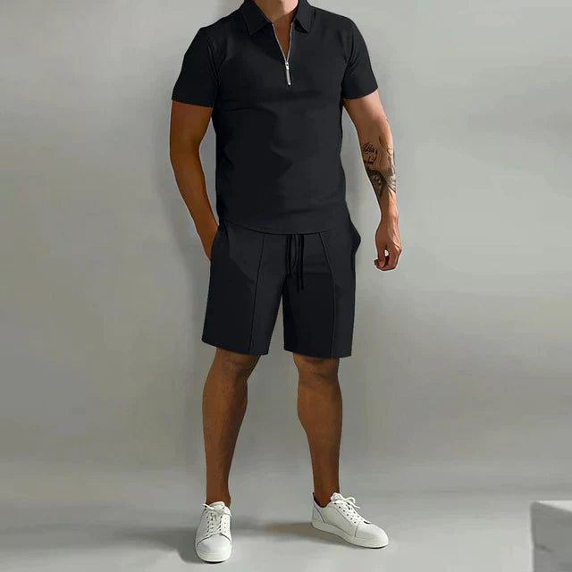 Brayden | Men’s Polo Shirt and Drawstring Shorts Two-Piece Set with Zip-up