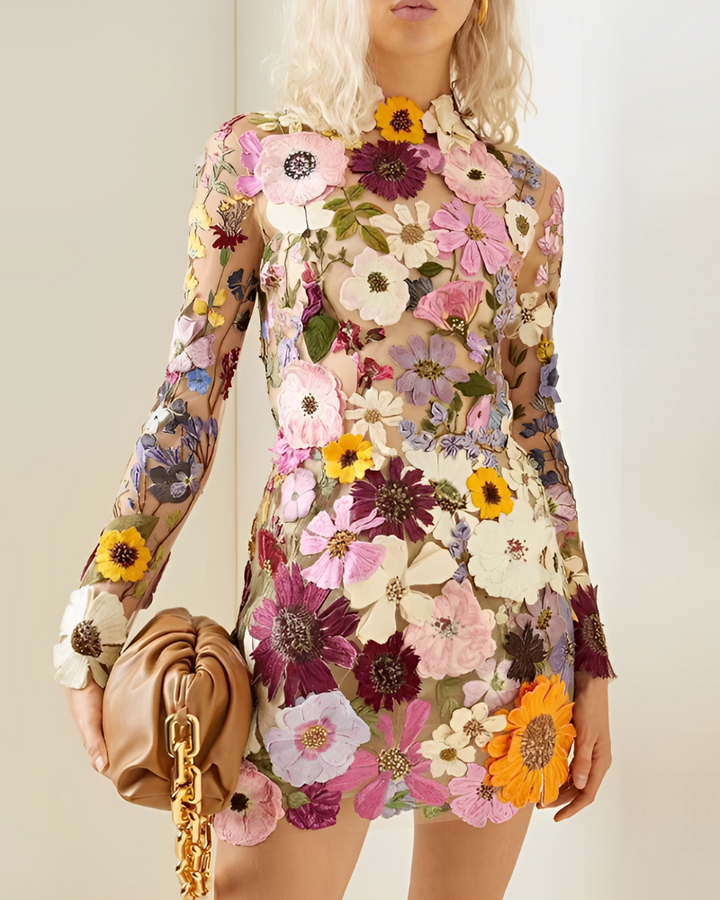 Eloria | Women’s Elegant Floral Detail Mini Dress with Long Sleeves and Open Back