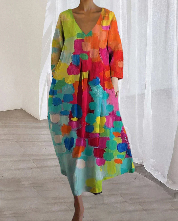 Vina | Women’s Oversize Colorful Printed Dress with V-Neck