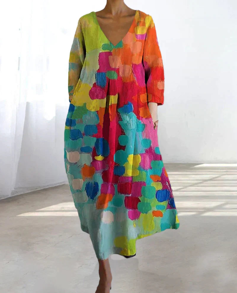 Vina | Women’s Oversize Colorful Printed Dress with V-Neck