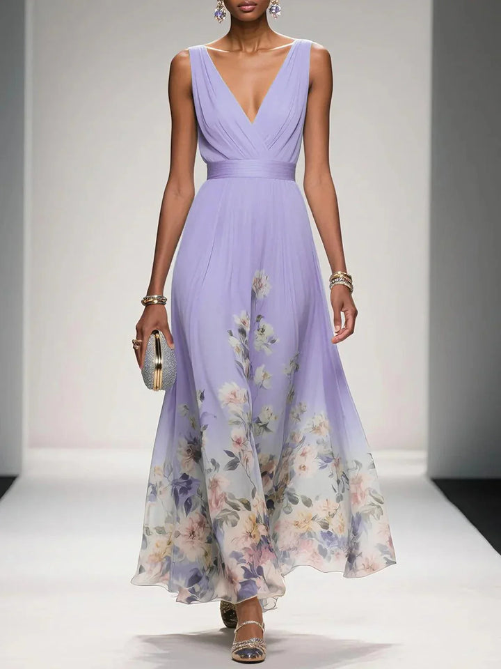 Marcea | Women's Floral Chiffon V Neck Maxi Dress with Belt