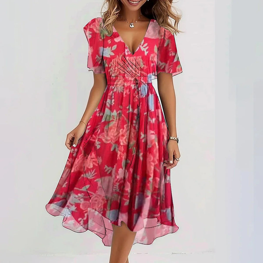 Tavira | Women's Floral Wrap Midi Dress with Tie Belt and Short Sleeve