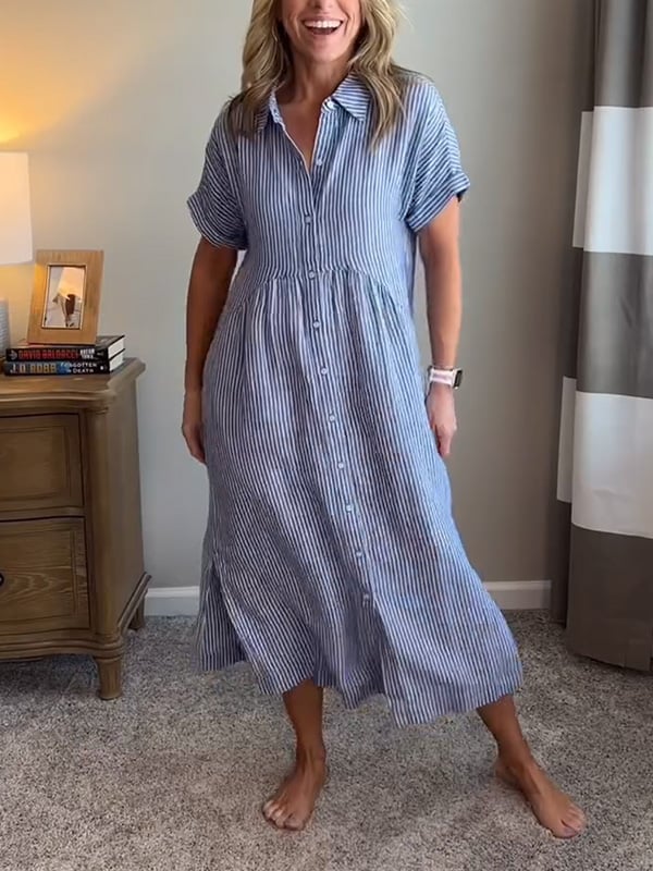 Brinley | Women's Striped Button Up Collar Dress with Pockets