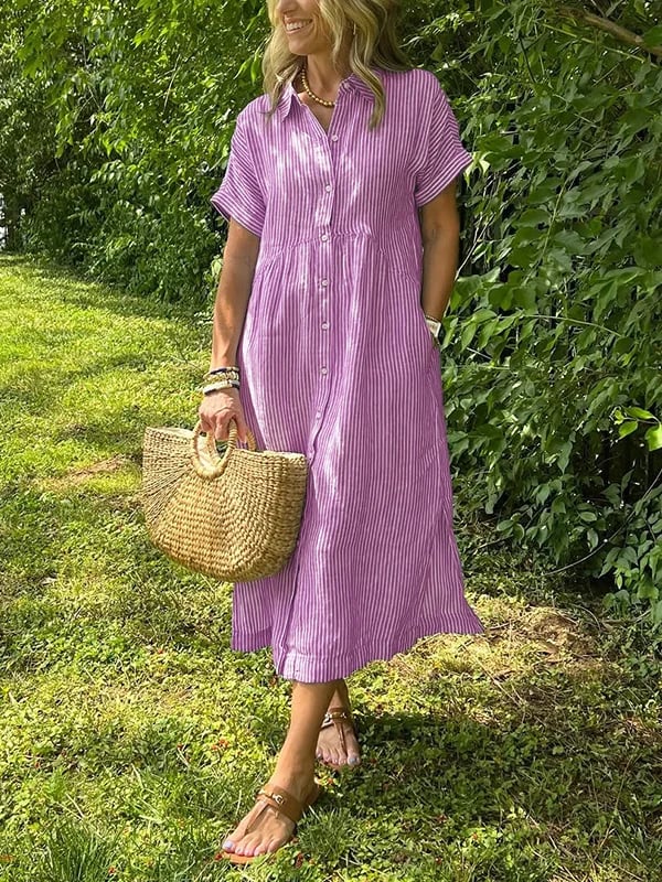 Brinley | Women's Striped Button Up Collar Dress with Pockets