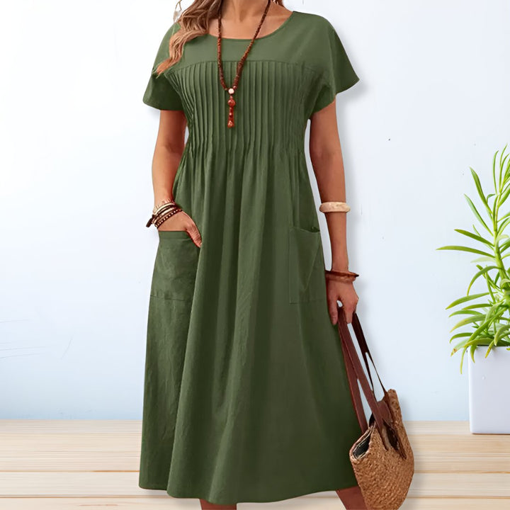 Coralie | Women's Short Sleeve Midi Dress with Pockets and Pleated Bodice
