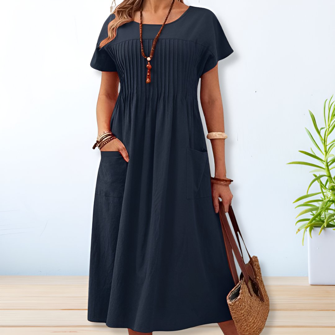 Coralie | Women's Short Sleeve Midi Dress with Pockets and Pleated Bodice