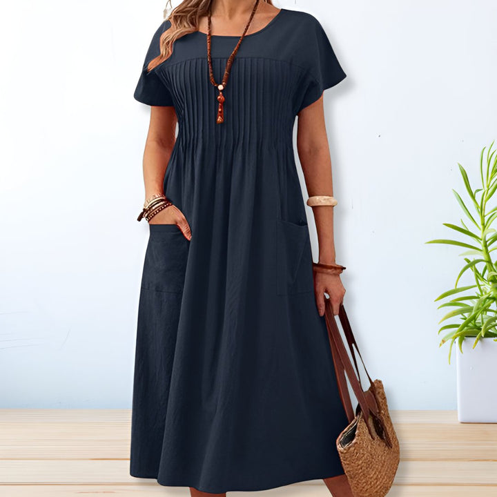 Coralie | Women's Short Sleeve Midi Dress with Pockets and Pleated Bodice