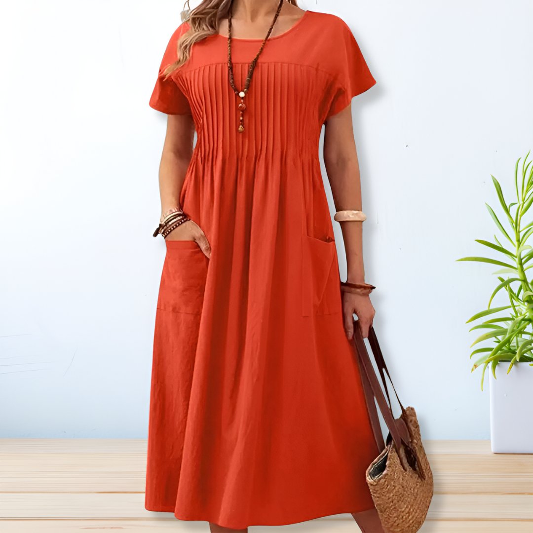 Coralie | Women's Short Sleeve Midi Dress with Pockets and Pleated Bodice