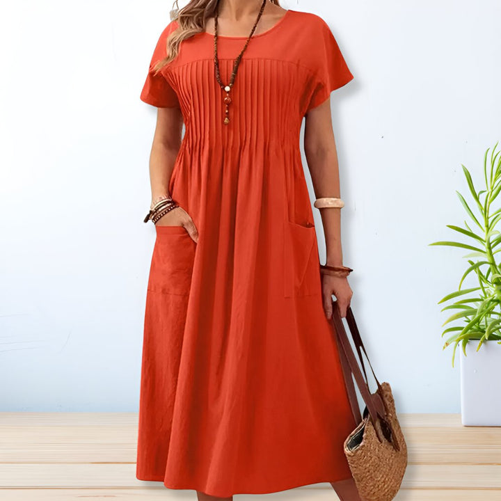 Coralie | Women's Short Sleeve Midi Dress with Pockets and Pleated Bodice