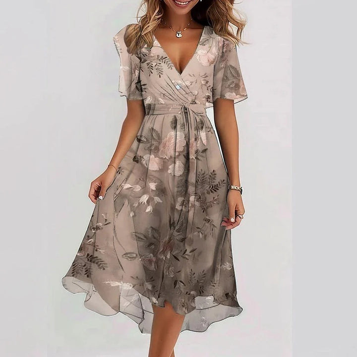 Tavira | Women's Floral Wrap Midi Dress with Tie Belt and Short Sleeve