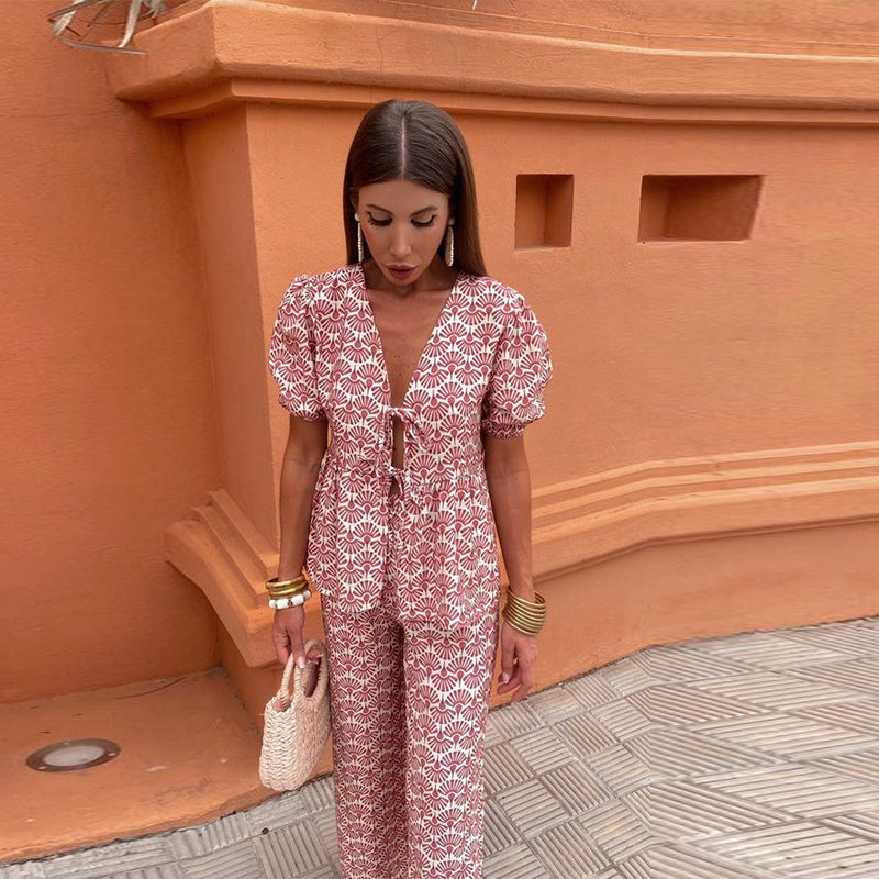 Lisa | Women’s Printed Two-Piece Set with V-neck Top and Pants