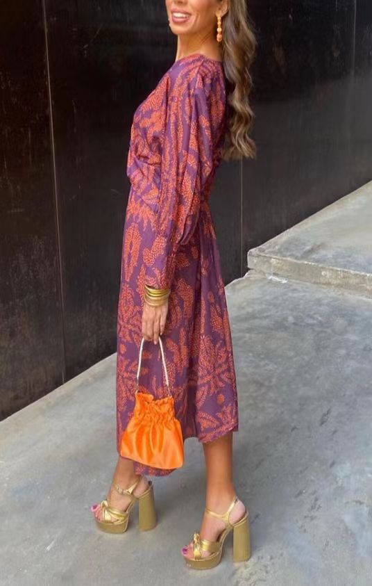 Angel | Women’s Elegant Long Sleeve Midi Dress with Prints and V-neck