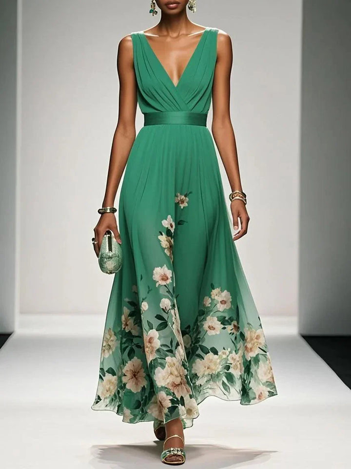 Marcea | Women's Floral Chiffon V Neck Maxi Dress with Belt