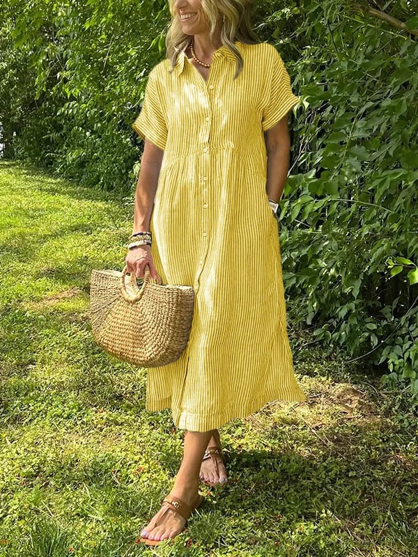 Brinley | Women's Striped Button Up Collar Dress with Pockets