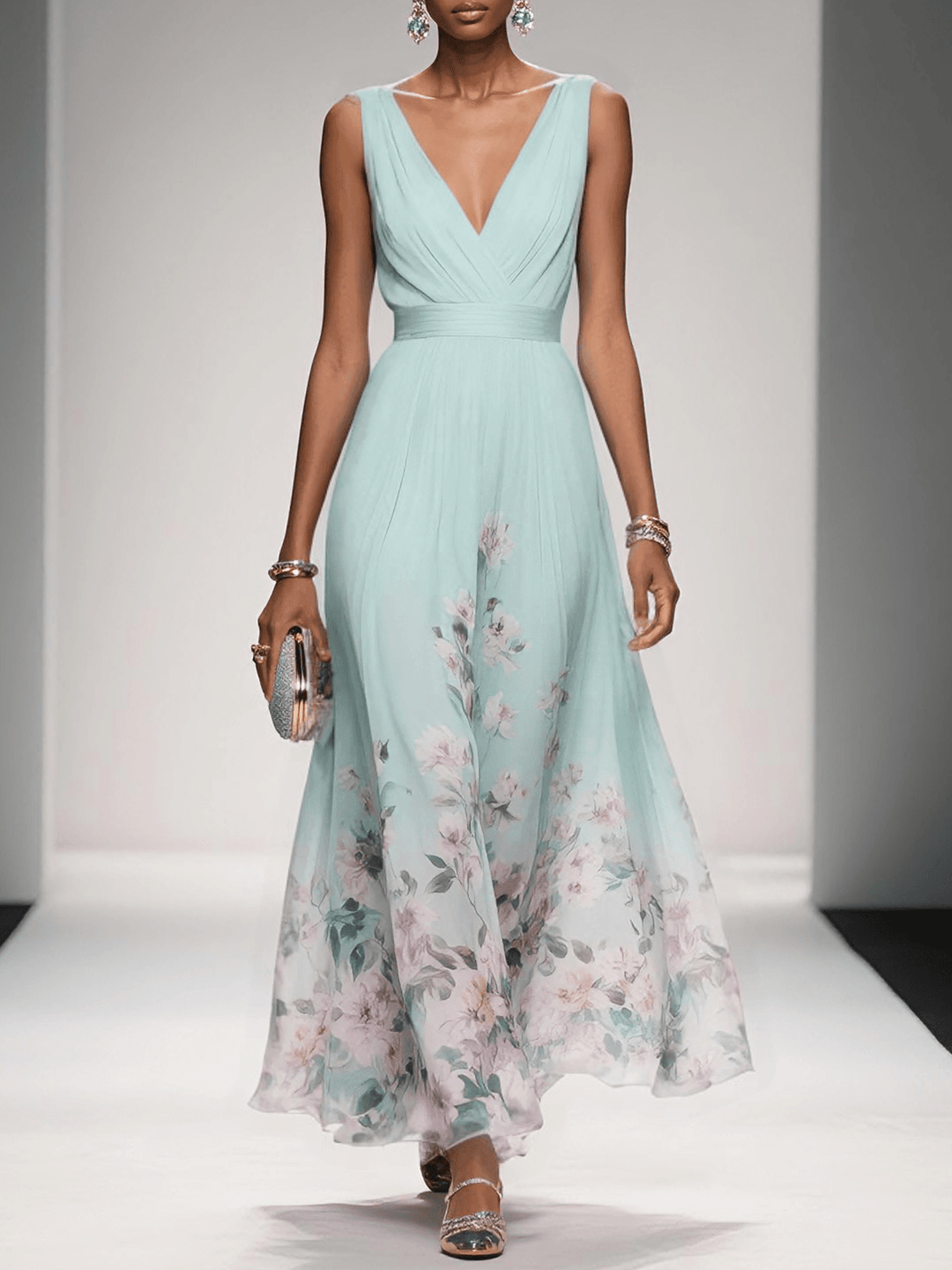 Marcea | Women's Floral Chiffon V Neck Maxi Dress with Belt