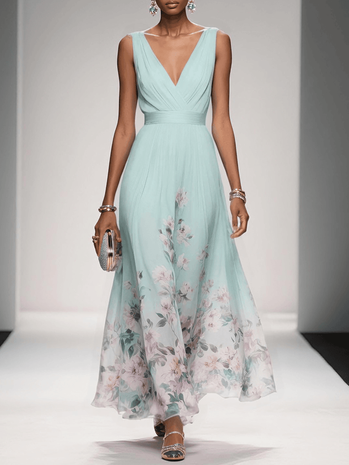 Marcea | Women's Floral Chiffon V Neck Maxi Dress with Belt
