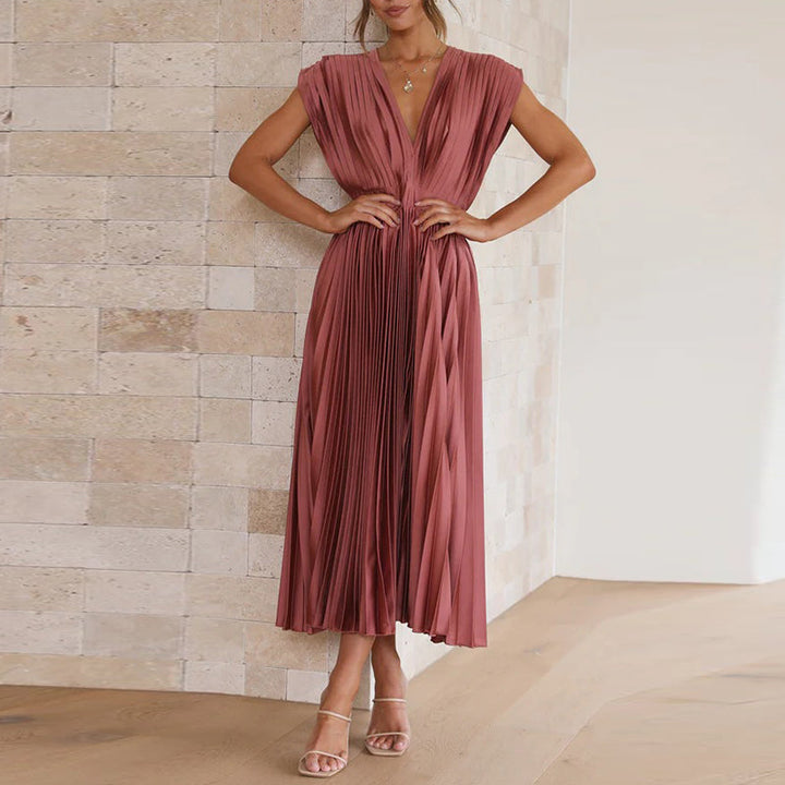 Casmira | Women’s V-Neck Pleated Dress with Sleeveless