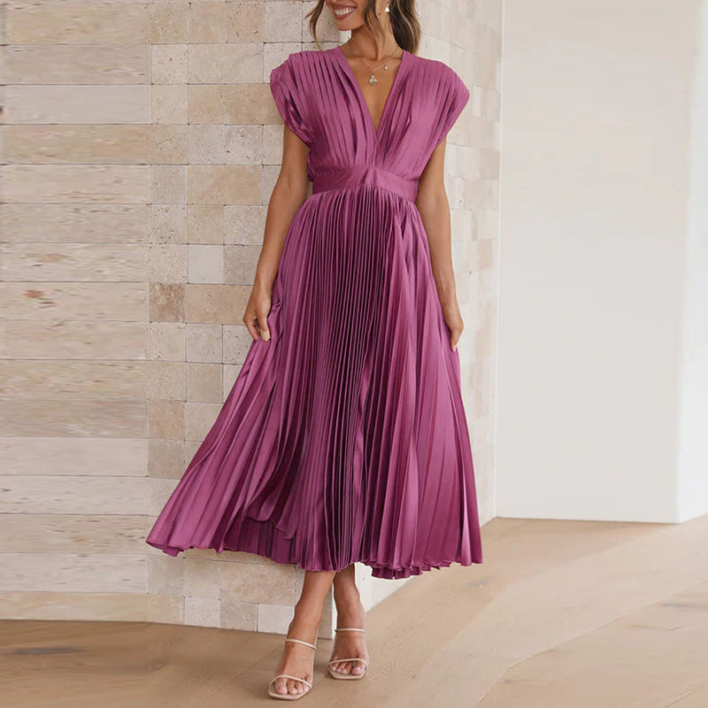 Casmira | Women’s V-Neck Pleated Dress with Sleeveless