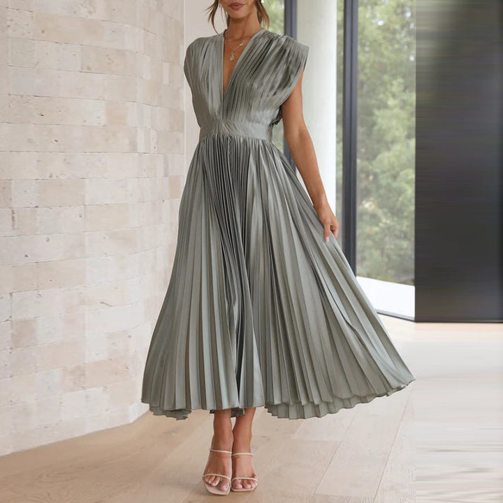 Casmira | Women’s V-Neck Pleated Dress with Sleeveless