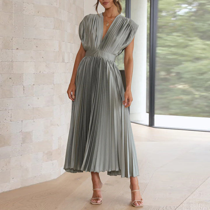 Casmira | Women’s V-Neck Pleated Dress with Sleeveless