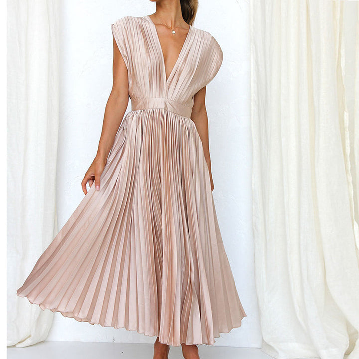Casmira | Women’s V-Neck Pleated Dress with Sleeveless