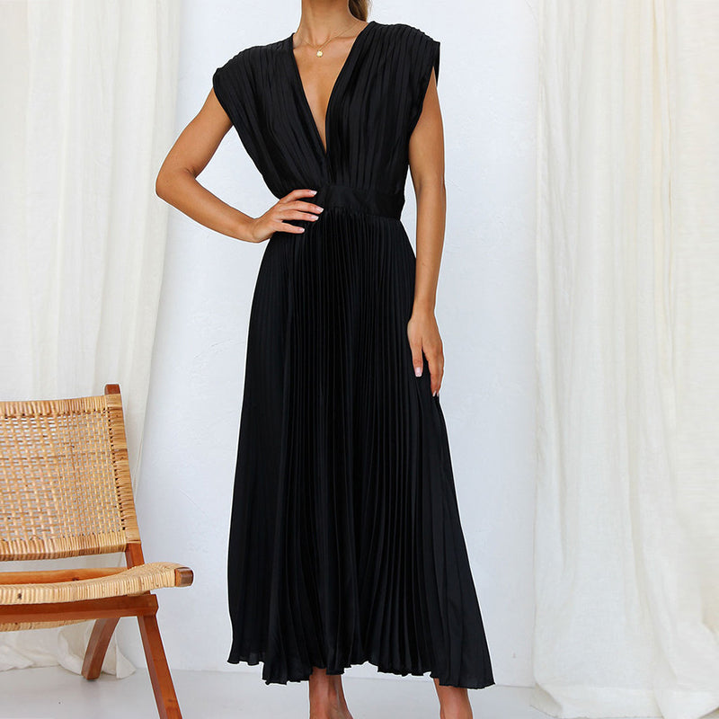 Casmira | Women’s V-Neck Pleated Dress with Sleeveless
